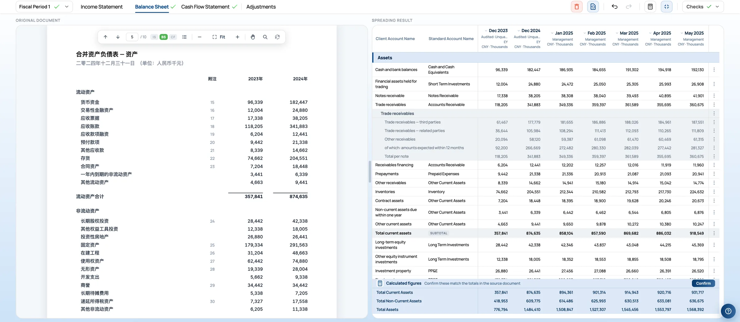The spreading workspace: the original document, a Chinese-language consolidated balance sheet, beside seven periods of extracted figures mapped to standard account names