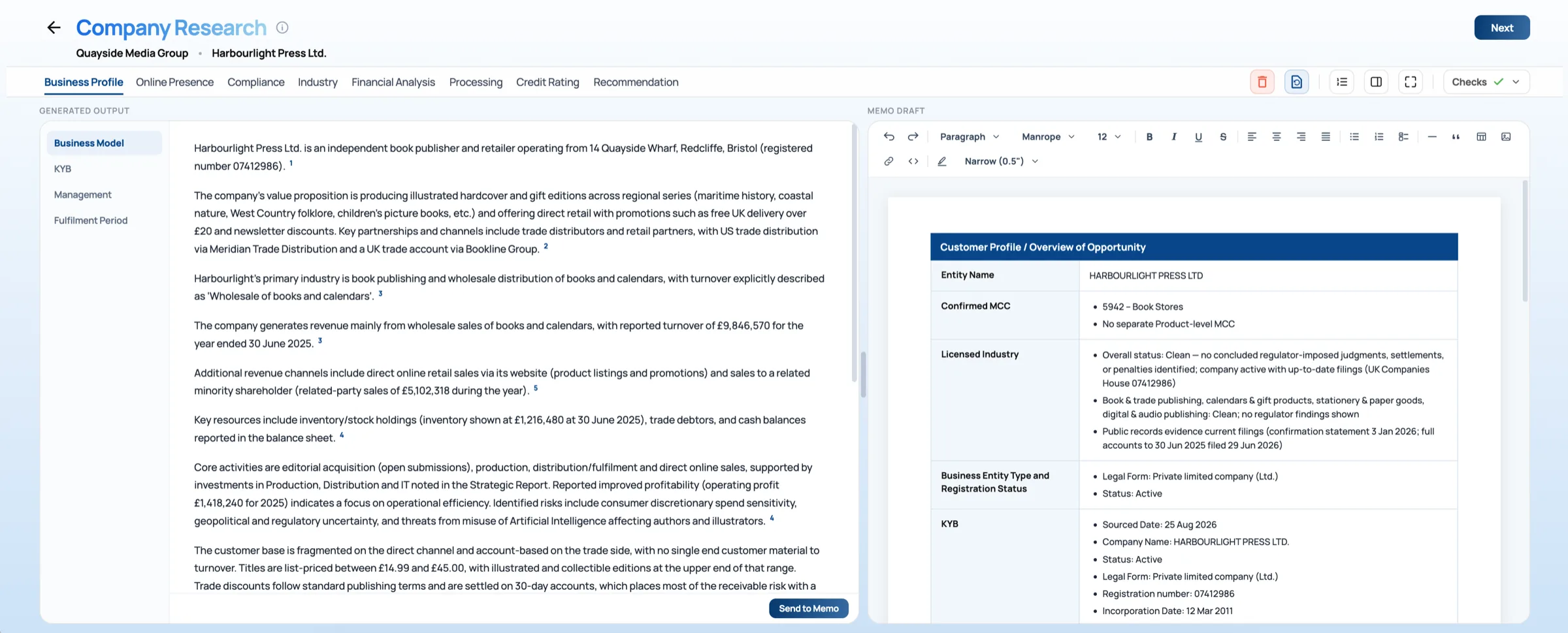 Company research for one merchant: eight module tabs across the top, the generated output on the left, and the review draft open in a text editor on the right